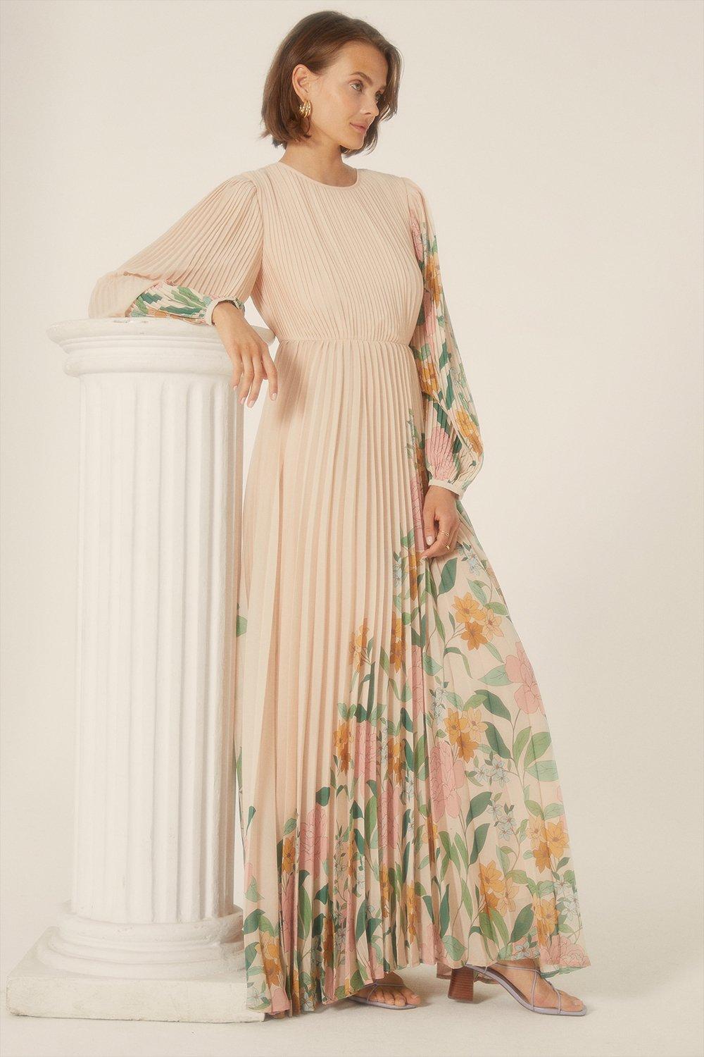 Floral Border Pleated Maxi Dress | Oasis